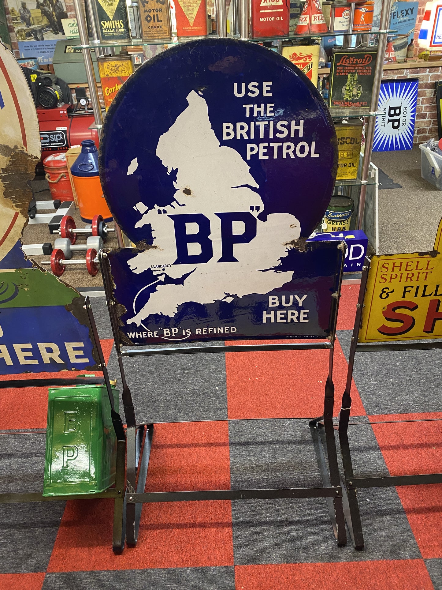 VINTAGE ENAMEL SIGN - BP BUY HERE ENAMEL SIGN WITH NEW STAND #04986 SN 175 image 0