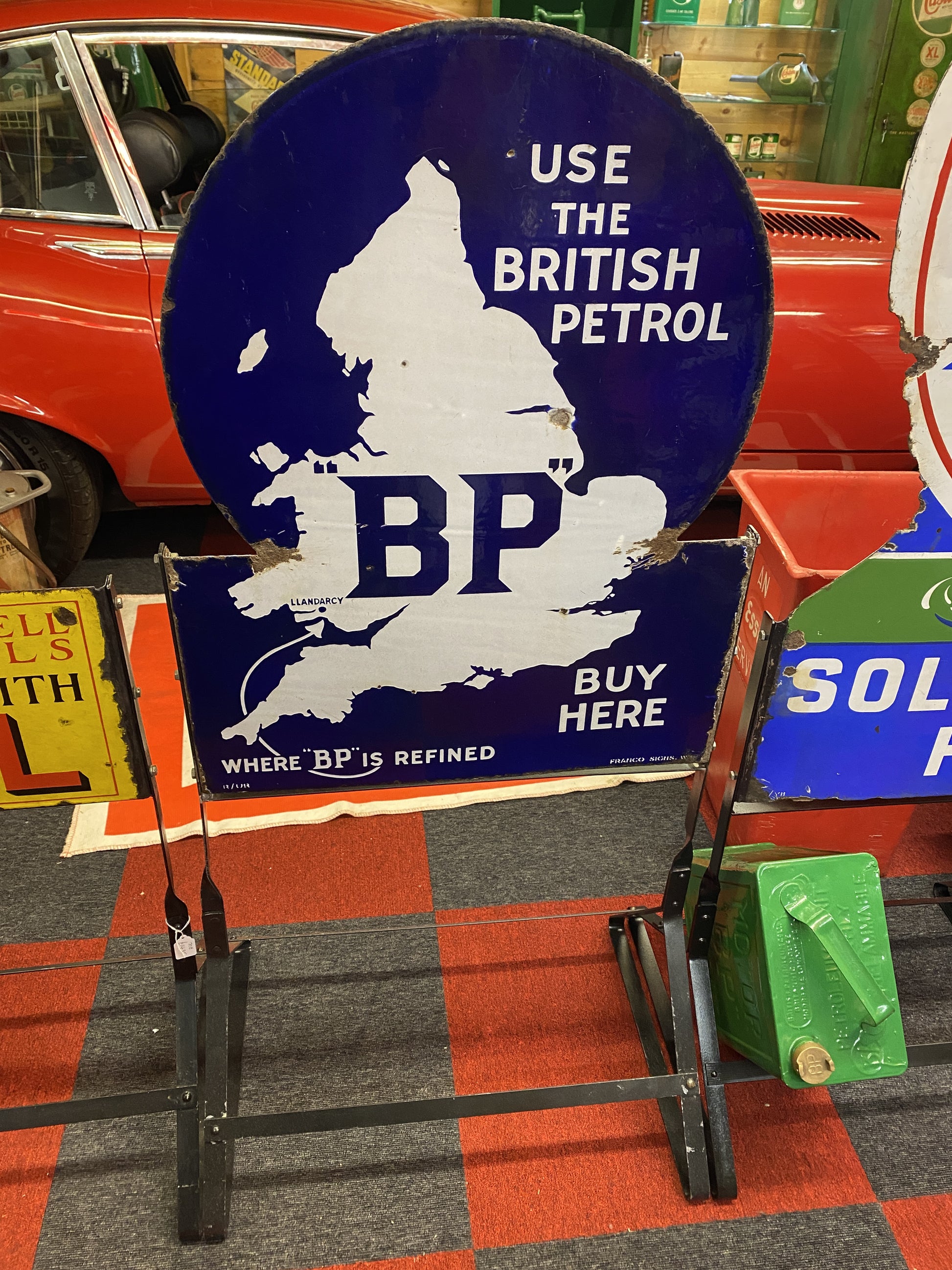 VINTAGE ENAMEL SIGN - BP BUY HERE ENAMEL SIGN WITH NEW STAND #04986 SN 175 image 1