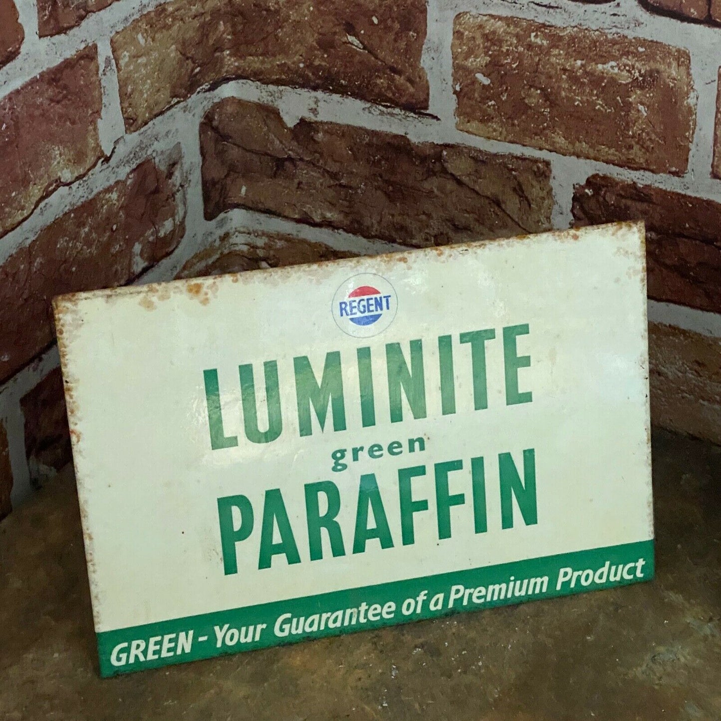 VINTAGE TIN/CARDBOARD SIGN - REGENT LUMINITE GREEN PARAFFIN - #4319 image 0