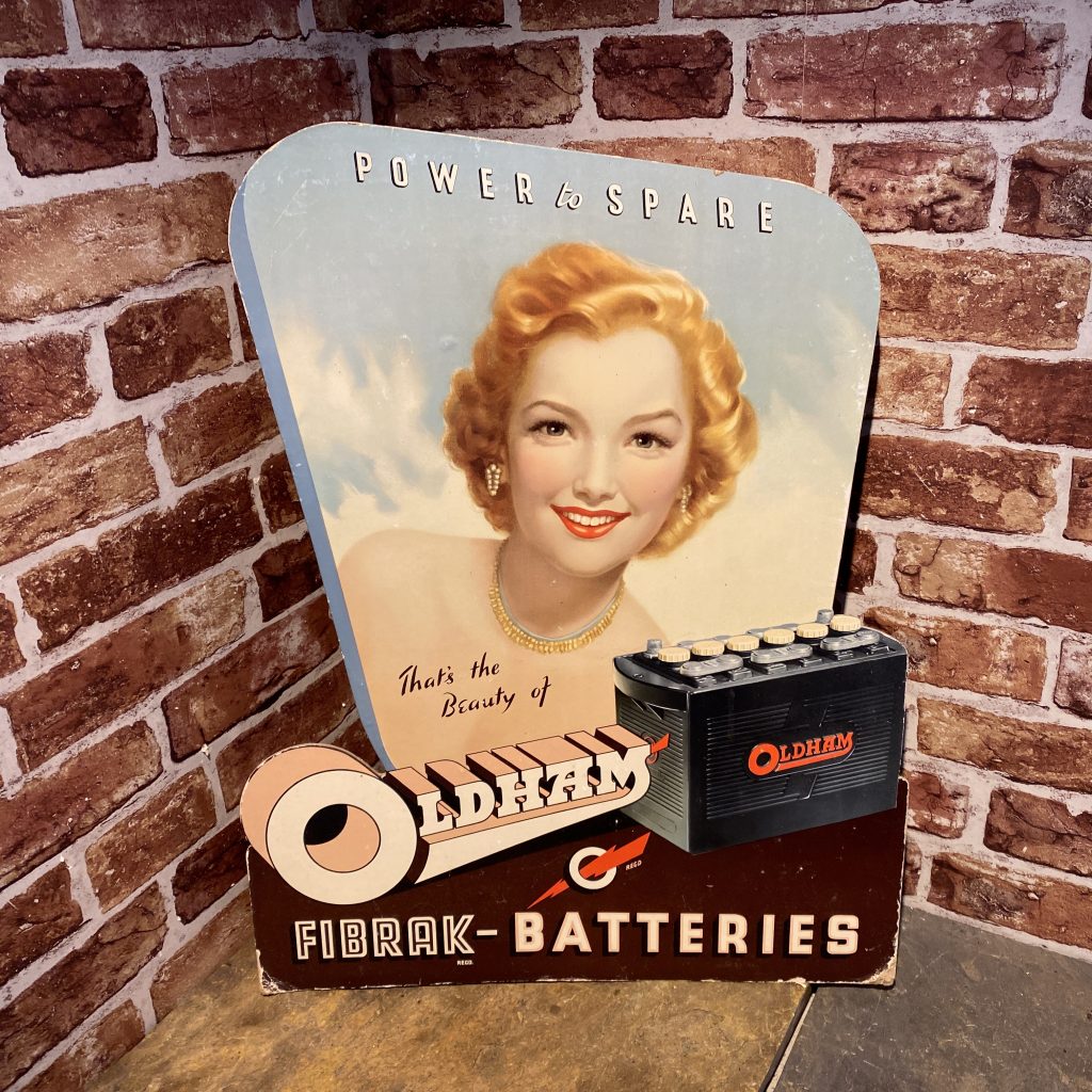 VINTAGE CARDBOARD SIGN OLDHAM BATTERIES SHOWCARD AUTOMOBILIA